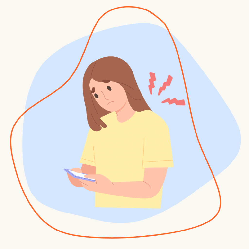 Illustration of a woman looking down at her phone with red strain marks at her neck