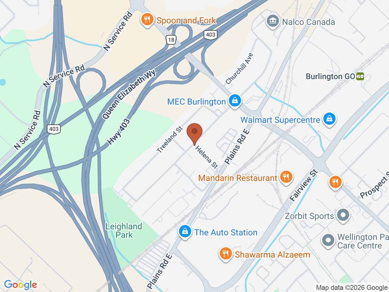 Map showing Westside Chiropractic at 1401 Plains Road East, Burlington